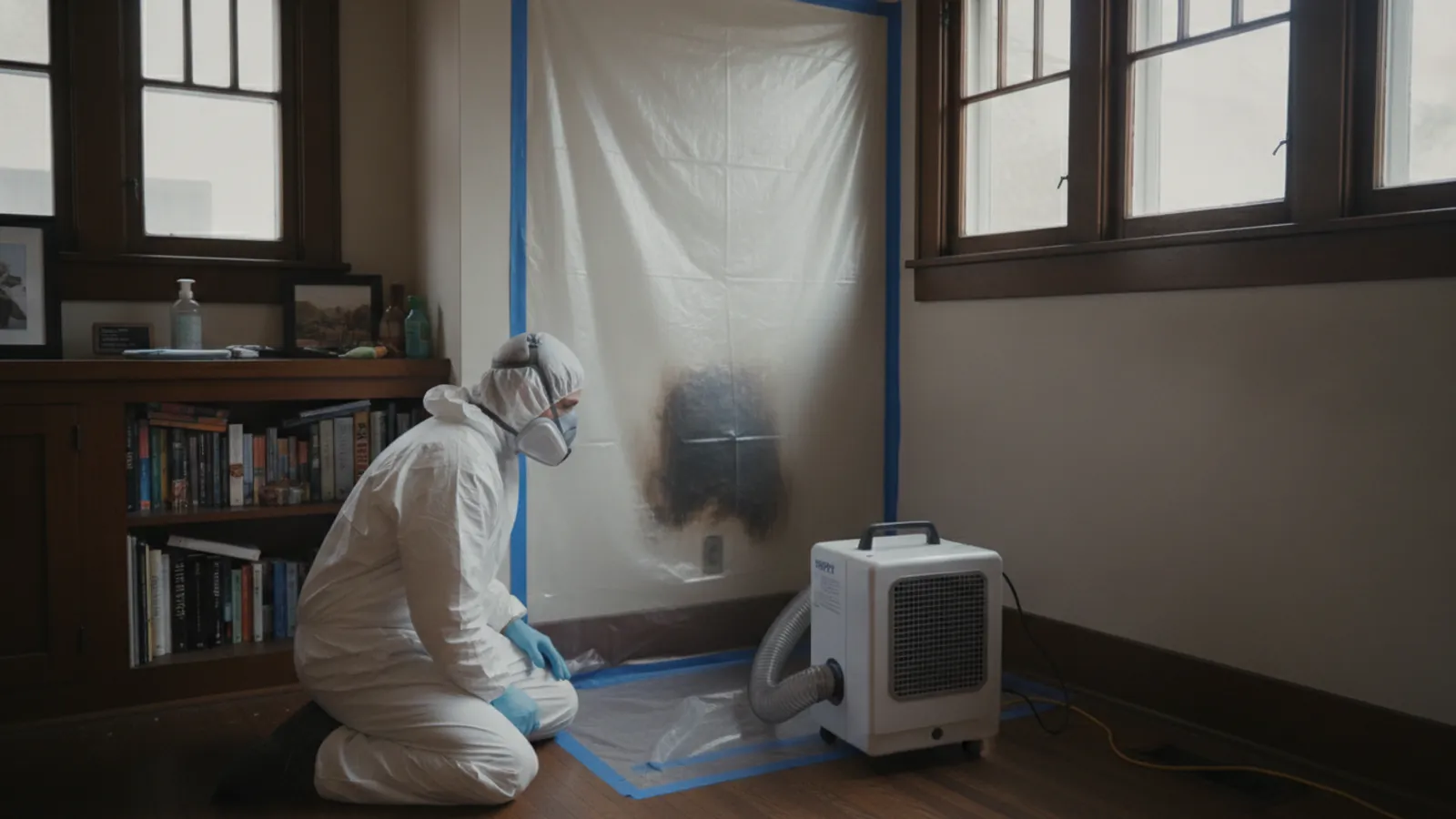Certified technician in PPE remediating mold in an older Pasadena home
